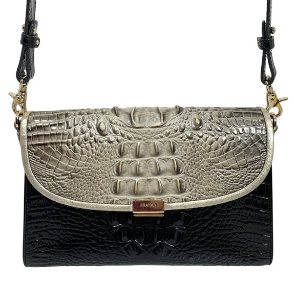 BRAHMIN Fold Over Clasp Shoulder Bag Clutch Crocodile Embossed Leather Silver - Picture 2 of 14